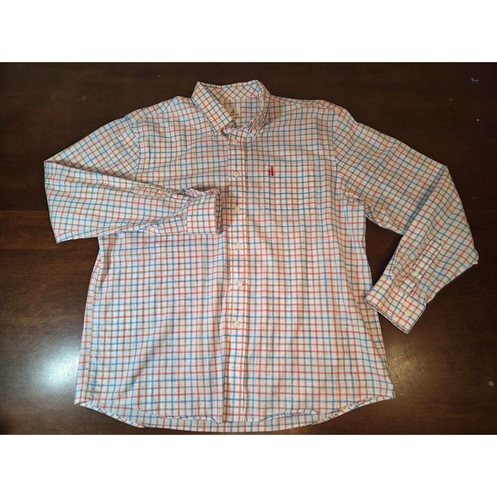 johnnie-O XL Hangin' Out Plaid Shirt Red Blue White Casual Surf Style